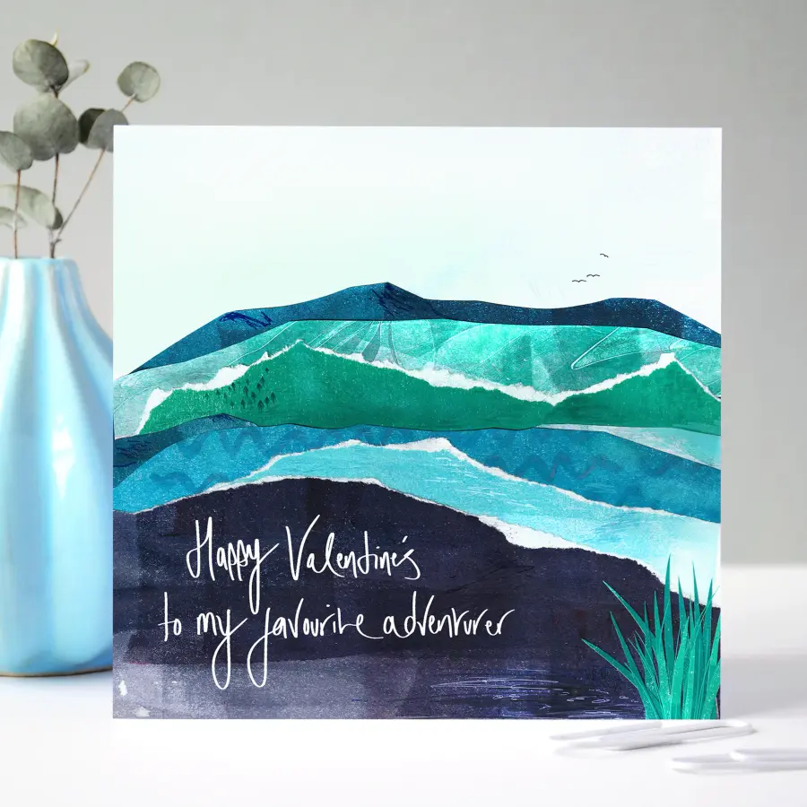 Handmade Valentine’s card reading 'Happy Valentine's to My Favourite Adventurer'