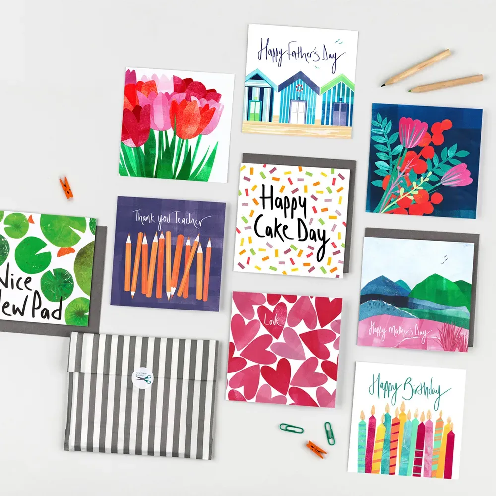 A collection of greeting cards displayed together, featuring a variety of occasions and messages including Nice New Pad, Happy Cake Day, Thank You Teacher, Love, Happy Mother's Day and Happy Birthday. Each card showcases a distinctive handcrafted design